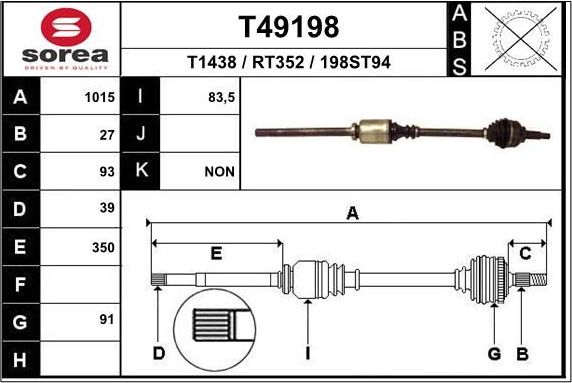 Полуось (привод в сборе, приводной вал) EAI. Артикул T49198