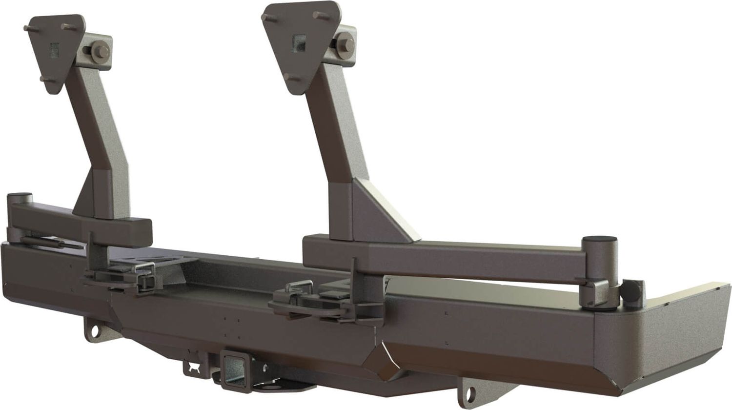 Бампер силовой задний STC для Toyota Land Cruiser 78 2007-2026 с квадратом под фаркоп и кронштейном крепления запасного колеса справа. Артикул STC-TLC78/07-BR-C2