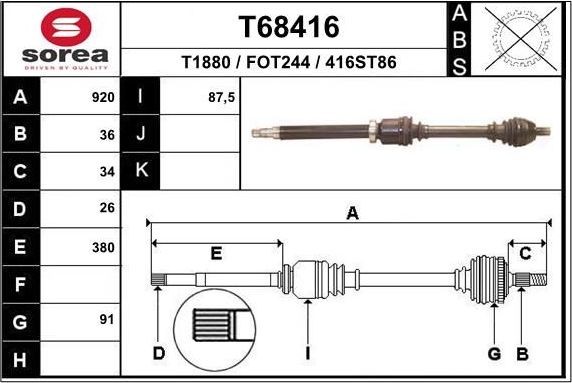 Полуось (привод в сборе, приводной вал) EAI. Артикул T68416