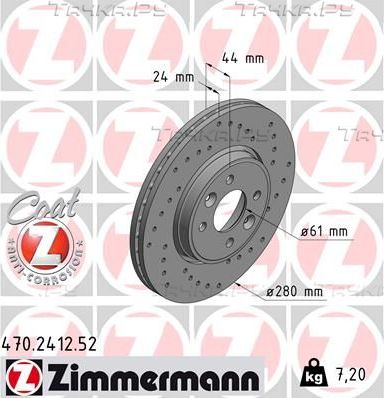 Тормозной диск Zimmermann SPORT Z передний для Renault Kangoo I 2001-2009. Артикул 470.2412.52