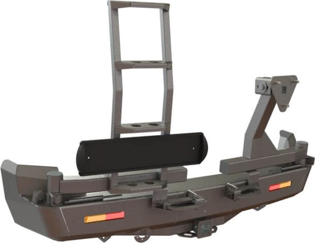 Бампер силовой STC задний для Mitsubishi Pajero Sport I 1998-2008 с квадратом под фаркоп, кронштейном крепления запасного колеса справа, кронштейн лестница слева и дублирующими фонарями. Артикул STC-MPS1-BR-C2C5-L1