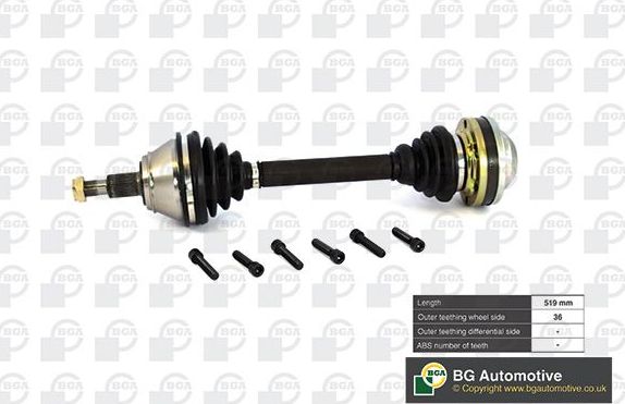 Полуось (привод в сборе, приводной вал) BGA передняя левая для Audi TT I (8N) 1998-2006. Артикул DS9625L