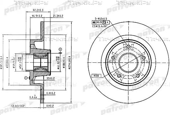 Тормозной диск Patron задний для Renault Grand Scenic II 2006-2008. Артикул PBD7013