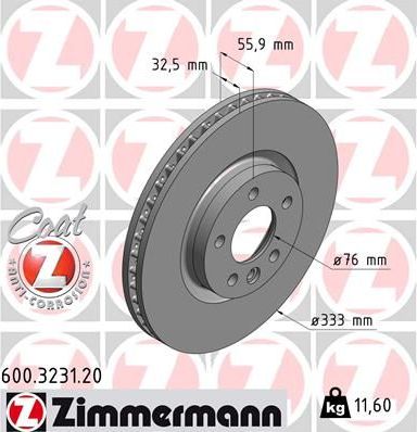Тормозной диск Zimmermann Coat Z передний для Volkswagen Multivan T5 2003-2015. Артикул 600.3231.20