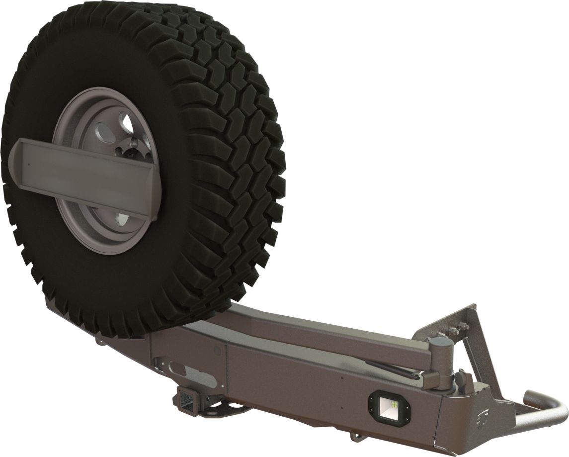 Бампер силовой STC задний для Mitsubishi L200 V 2019-2026 с квадратом под фаркоп, площадкой под лебедку, кронштейном крепления запасного колеса по центру, кронштейном крепления гос номера и фарами заднего хода/ ПТФ. Артикул STC-ML200/19-BR-W-C1-L2