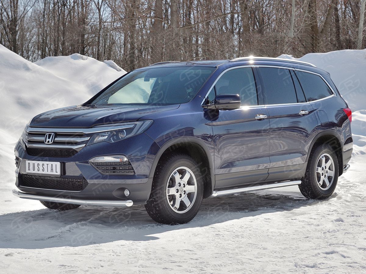 Защита РусCталь переднего бампера d63 секции для Honda Pilot III 2016-2026. Артикул HPZ-002918