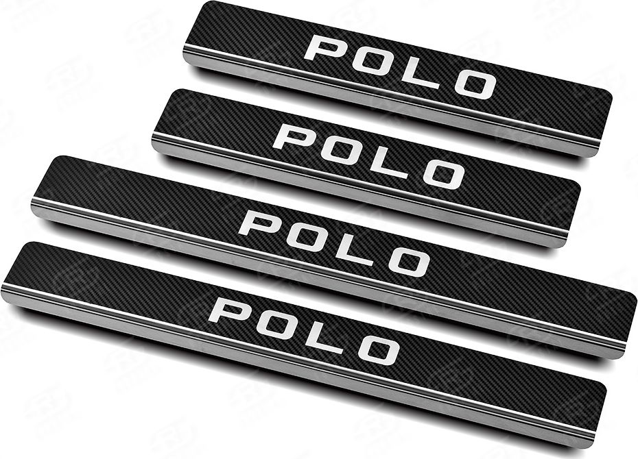 Накладки RusStal на пороги (лист нерж., карбон, надпись) для Volkswagen Polo VI 2020-2026. Артикул VWPOL20-06