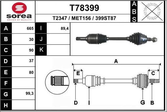 Полуось (привод в сборе, приводной вал) EAI. Артикул T78399