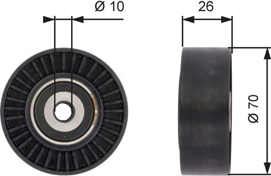Направляющий (ведущий) ролик приводного поликлинового ремня Gates (полимерный материал). Артикул T36393