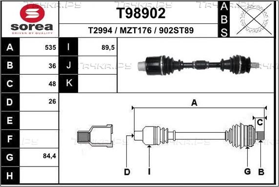 Полуось (привод в сборе, приводной вал) EAI передняя правая для Mazda 3 I (BK) 2005-2006. Артикул T98902