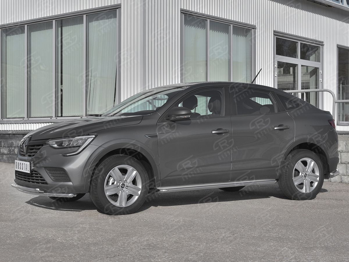 Защита порогов алюминиевые РусCталь труба d42 (вариант 3) с листом для Renault Arkana 2019-2026. Артикул RARL-0033183