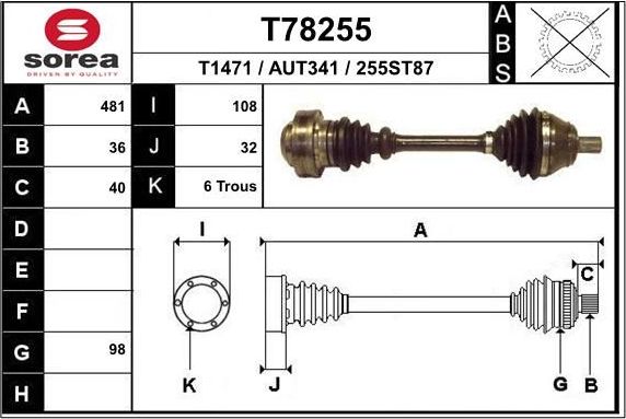 Полуось (привод в сборе, приводной вал) EAI передняя левая для Audi TT I (8N) 1998-2006. Артикул T78255