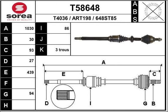 Полуось (привод в сборе, приводной вал) EAI. Артикул T58648