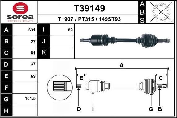 Полуось (привод в сборе, приводной вал) EAI. Артикул T39149