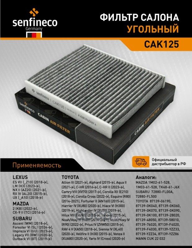 Фильтр салона угольный CAK 125 (Senfineco). Артикул CAK125