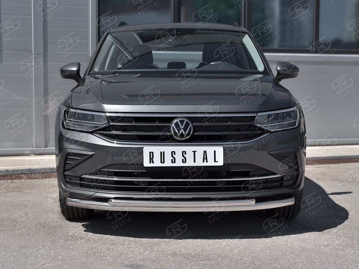 Защита RusStal переднего бампера d63 секции d42 дуга для Volkswagen Tiguan II рестайлинг 2020-2026 (кроме R-Line). Артикул VGZ-003574