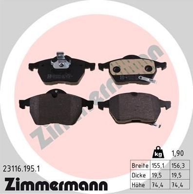 Тормозные колодки Zimmermann передние для Saab 9-3 I 1998-2003. Артикул 23116.195.1