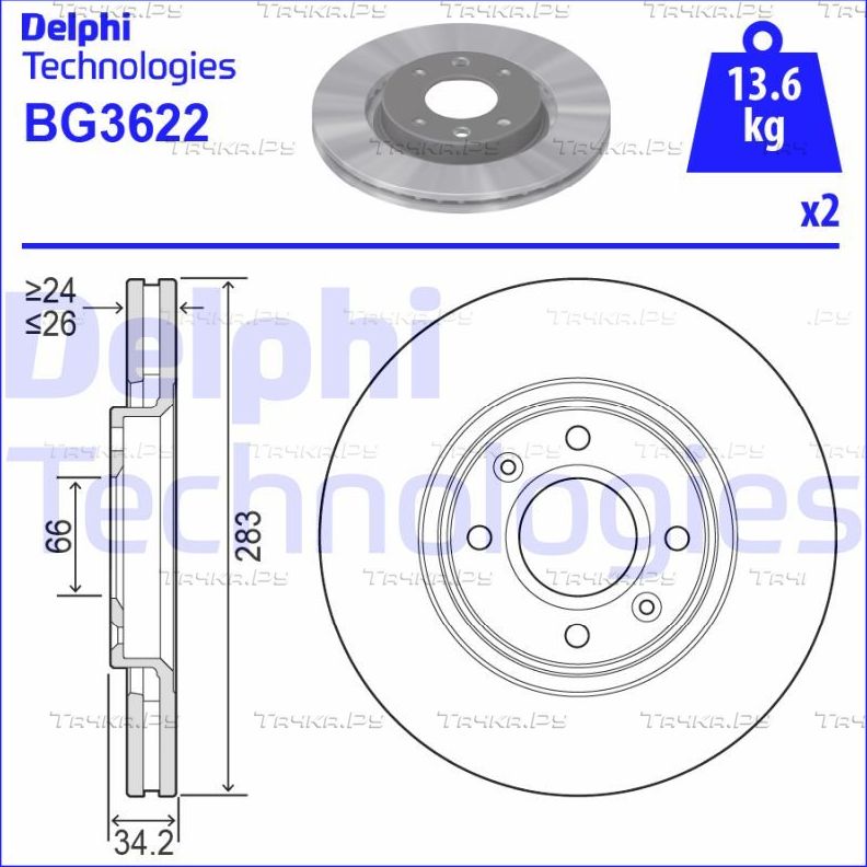 Тормозной диск Delphi передний для Peugeot 3008 I 2009-2016. Артикул BG3622