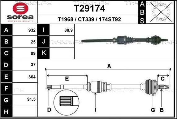 Полуось (привод в сборе, приводной вал) EAI. Артикул T29174
