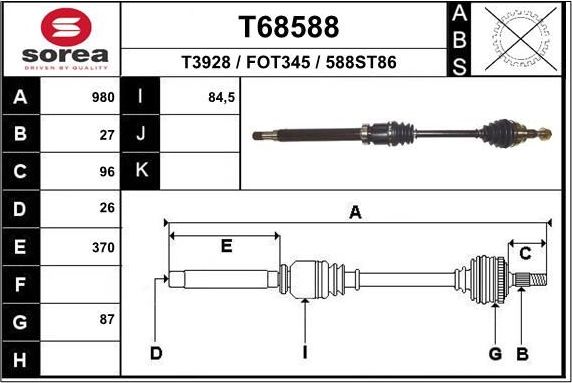 Полуось (привод в сборе, приводной вал) EAI. Артикул T68588