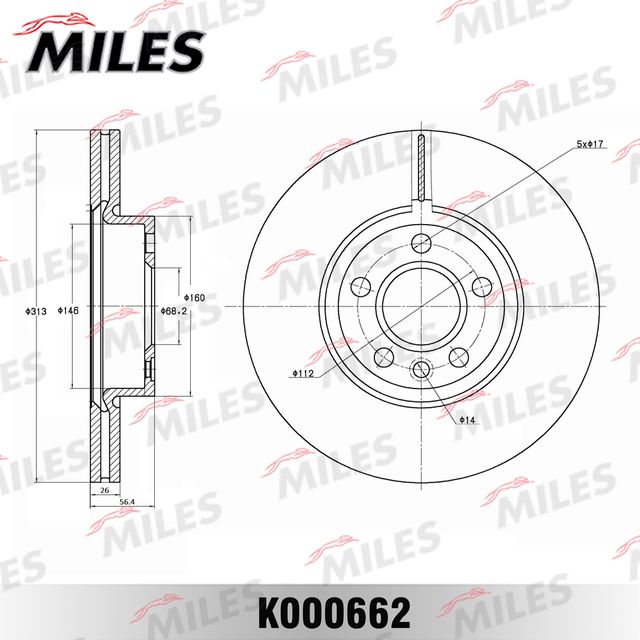 Тормозной диск Miles передний для Ford Galaxy I 2000-2006. Артикул K000662