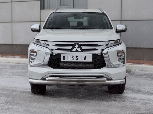 Защита RusStal переднего бампера d76 секции-d42 дуга для Mitsubishi Pajero Sport III рестайлинг 2021-2026. Артикул MPJSZ-003655