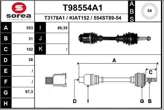 Полуось (привод в сборе, приводной вал) EAI. Артикул T98554A1