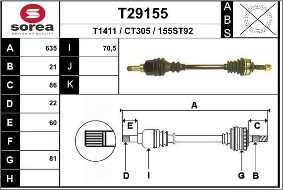 Полуось (привод в сборе, приводной вал) EAI. Артикул T29155