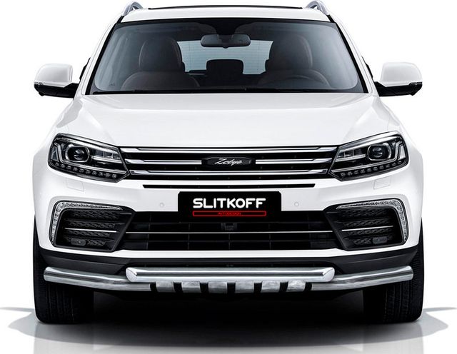Защита Slitkoff переднего бампера d57+d57 с декоративными элементами для Zotye Coupa 2018-2026. Артикул ZOTCOP-001