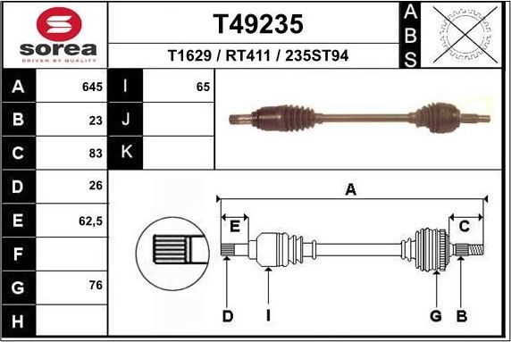 Полуось (привод в сборе, приводной вал) EAI. Артикул T49235