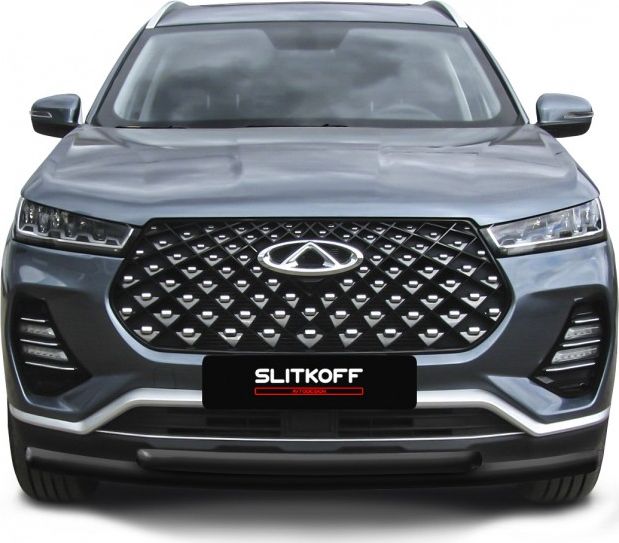 Защита Slitkoff переднего бампера d57+d42 двойная для Chery Tiggo 7 Pro 2020-2026 Черная. Артикул CT7PR-002B