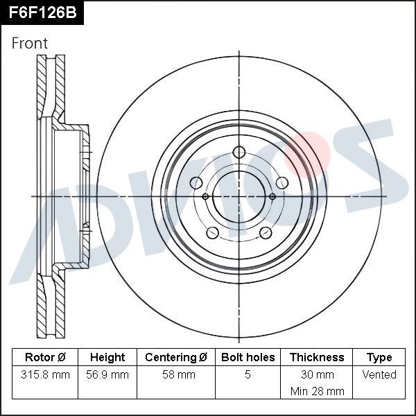 Тормозной диск Advics для Subaru Forester II 2002-2008. Артикул F6F126B