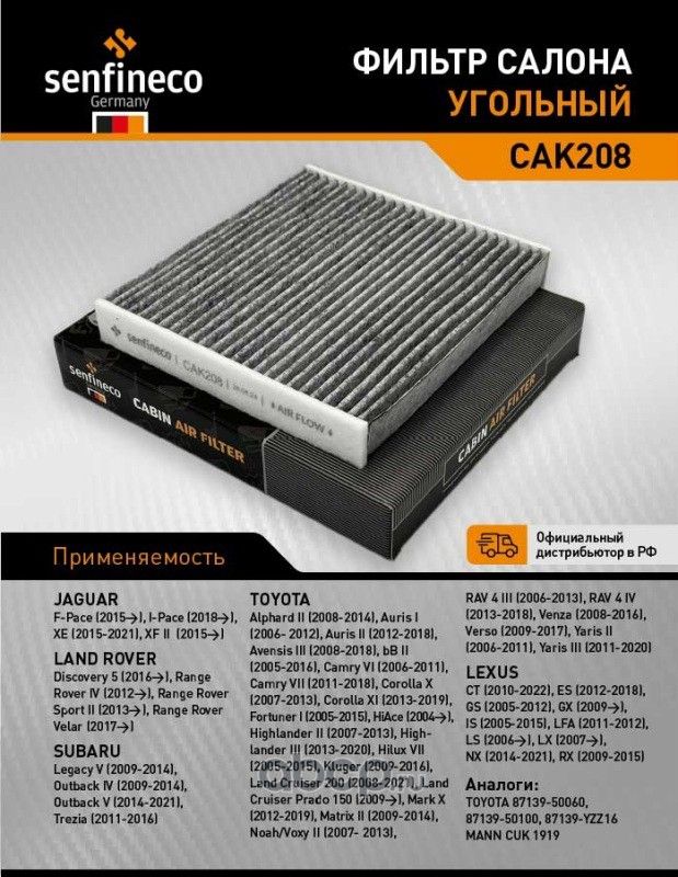 Фильтр салона угольный CAK 208 (Senfineco). Артикул CAK208