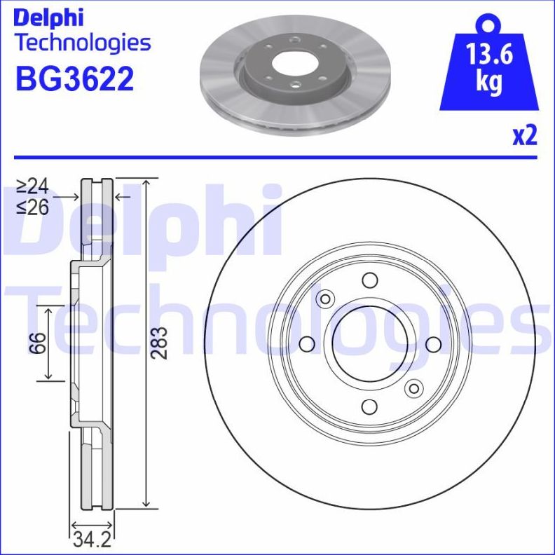 Тормозной диск Delphi передний для Citroen C5 I 2001-2008. Артикул BG3622
