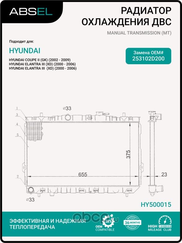 Радиатор системы охлаждения (Absel). Артикул HY500015