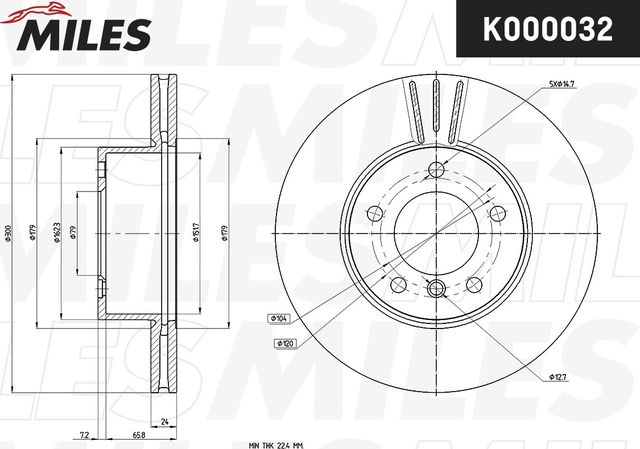 Тормозной диск Miles передний для BMW 1 I (E82/E88) 2007-2013. Артикул K000032