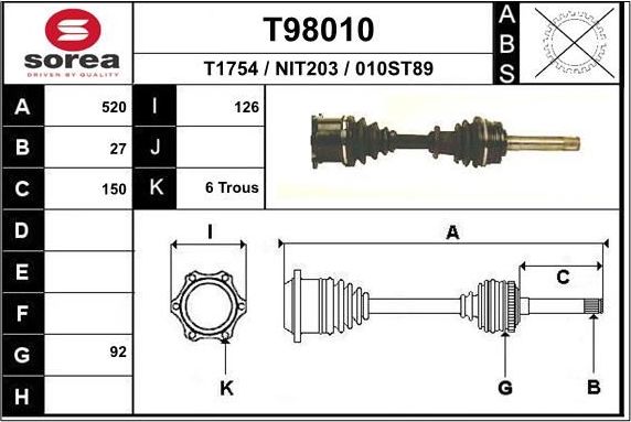 Полуось (привод в сборе, приводной вал) EAI. Артикул T98010