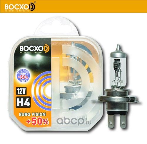 Лампа галогеновая H4 12V 60/55W ВОСХОD EuroVision +50% P43t (2шт,к-т) (80614EV) (Bocxod). Артикул 80614EV