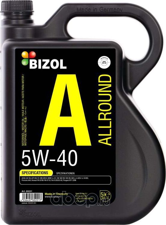 85221 BIZOL НС-синт. мот.масло Allround 5W-40 SN A3/B4 (5л). Артикул 85221