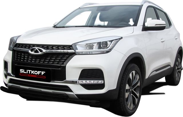 Защита Slitkoff переднего бампера d57/42 двойная для Chery Tiggo 4 2017-2026 ЧЕРНАЯ матовая. Артикул CT4-001B