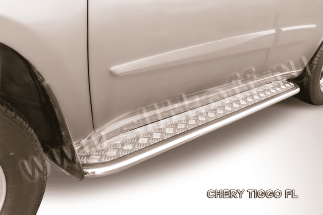 Пороги Slitkoff труба d42 с листом для Chery Tiggo (T11) рестайлинг 2011-2016. Артикул CT-FL-007