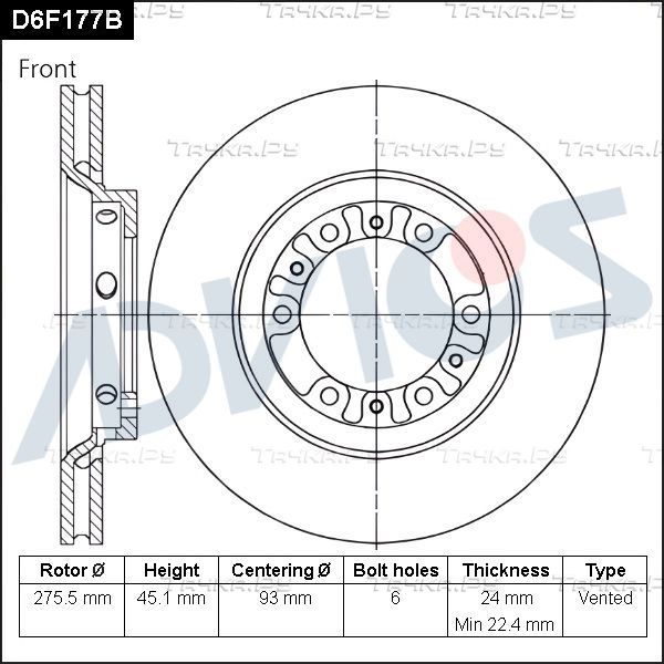 Тормозной диск Advics для Mitsubishi Delica IV 1995-2000. Артикул D6F177B