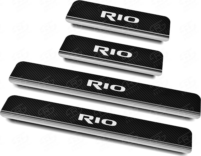 Накладки RusStal на пороги (лист нерж. карбон с надписью) для Kia Rio III 2011-2017. Артикул KIRIO11-06