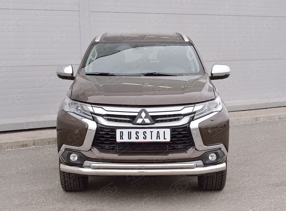 Защита RusStal переднего бампера d76 секция-d42 дуга для Mitsubishi Pajero Sport III 2016-2020. Артикул MPJSZ-002482