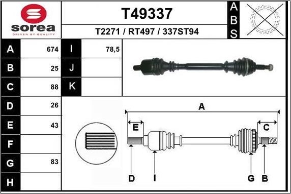 Полуось (привод в сборе, приводной вал) EAI. Артикул T49337