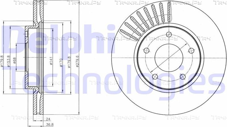 Тормозной диск Delphi передний для Nissan Sentra VII (B17) 2014-2019. Артикул BG4282C