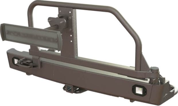 Бампер силовой STC задний для Toyota Hilux VIII 2015-2026 с квадратом под фаркоп, УСИЛЕННЫЙ кронштейном крепления запасного колеса по центру, кронштейном крепления гос номера и фарами заднего хода/ПТФ. Артикул STC-TH15-BR-C1-HD-L2