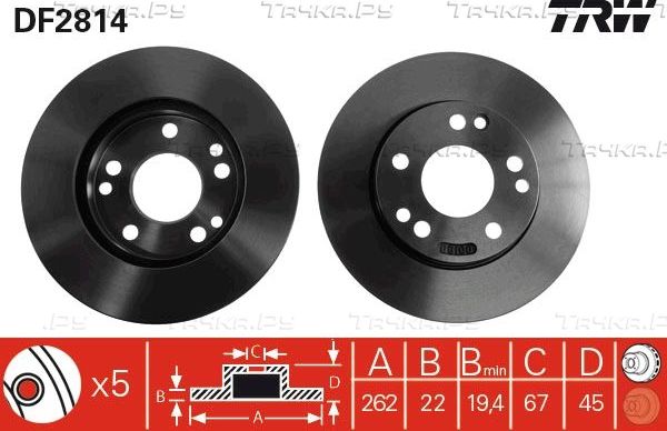 Тормозной диск TRW передний для Mercedes-Benz 190 (W201) 1986-1993. Артикул DF2814