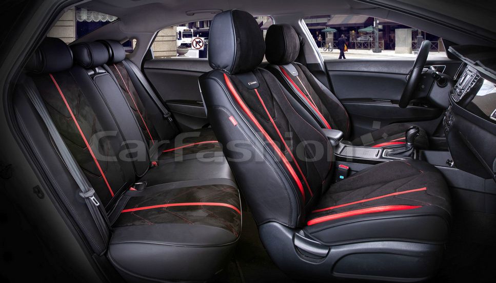 Комплект универсальных каркасных чехлов CarFashion 5D Start Plus на сидения авто, цвет Черный/Черный/Красный. Артикул 22139