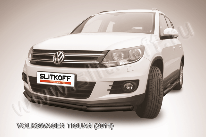 Защита Slitkoff переднего бампера d57/42 двойная ЧЕРНАЯ матовая для Volkswagen Tiguan 2011-2016. Артикул VWTIG-003B